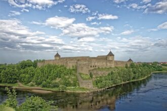 Narva Castle overlooking the Narva River on the Estonia Russia border