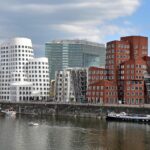 Düsseldorf MedienHafen skyline with modern buildings along the river