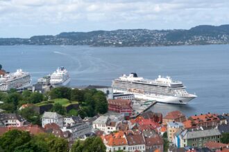 Cruise ships and harbour views over Bergen waterfront in Norway