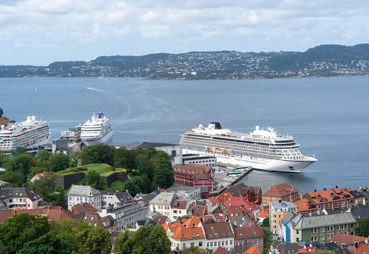 Cruise ships and harbour views over Bergen waterfront in Norway