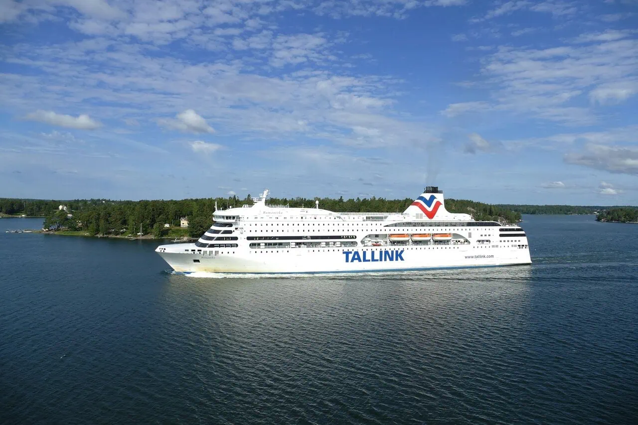 Tallink ferry sailing through the Finnish Archipelago near Turku under blue summer skies