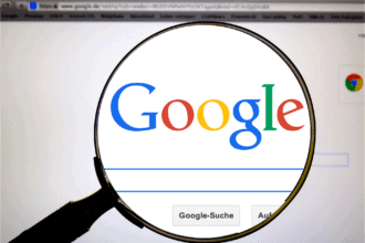 Magnifying glass over Google search page representing Google Flights extreme day trip planning and flight search tools