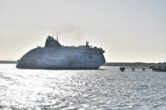 Irish Ferries vessel departing across the Irish Sea from Holyhead