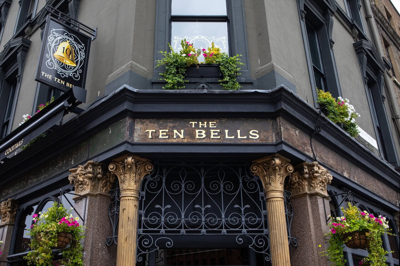 The Ten Bells pub in Whitechapel, London, one of the most famous locations connected to Jack the Ripper history and Victorian East End tours.