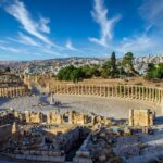 Oval Plaza and Roman ruins at Jerash archaeological site in Jordan