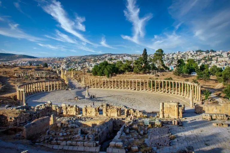 Oval Plaza and Roman ruins at Jerash archaeological site in Jordan