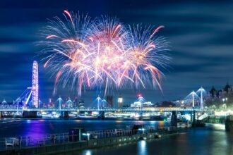 London New Year’s Eve fireworks above the River Thames and London Eye
