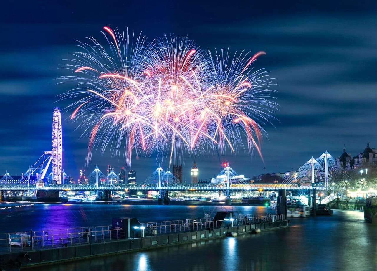 London New Year’s Eve fireworks above the River Thames and London Eye