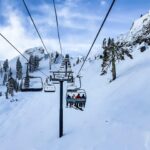 Skiers riding a chairlift through snowy Alpine mountains near Milan ski resorts