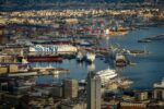 Aerial view of the Port of Naples with large GNV ferries and passenger ships preparing for overnight sailings to Sicily