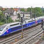 High-speed SNCF TGV train travelling on the rail route between Paris and Carcassonne in France.
