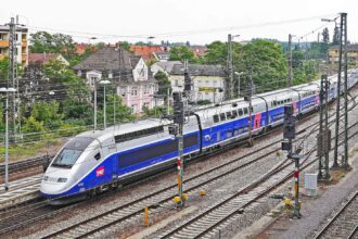 High-speed SNCF TGV train travelling on the rail route between Paris and Carcassonne in France.