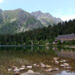 Mountain lake and snowy peaks near Poprad and the High Tatras in Slovakia