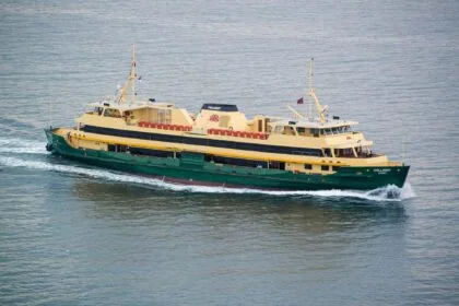 Large passenger ferry travelling across calm coastal waters during daylight
