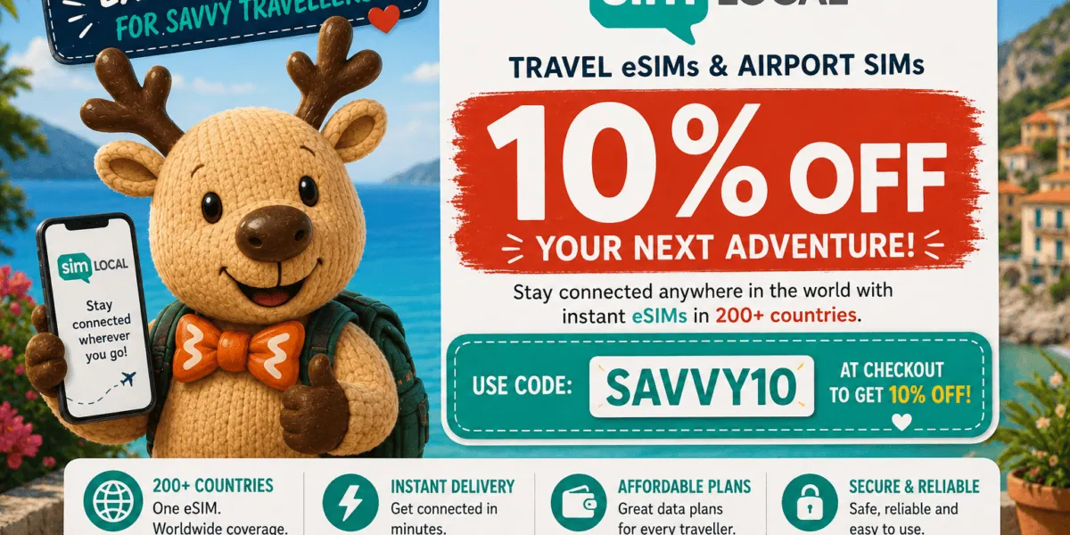 Rupert the reindeer promoting the Sim Local 10% discount code SAVVY10 for travel eSIMs and airport SIM cards worldwide.