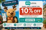 Rupert the reindeer promoting the Sim Local 10% discount code SAVVY10 for travel eSIMs and airport SIM cards worldwide.