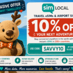 Rupert the reindeer promoting the Sim Local 10% discount code SAVVY10 for travel eSIMs and airport SIM cards worldwide.