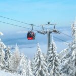 Skiing in Poland with gondola lift and snow-covered forest in mountain resort