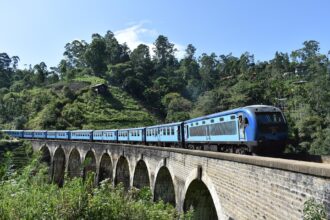 Train crossing the Nine Arch Bridge near Ella Sri Lanka