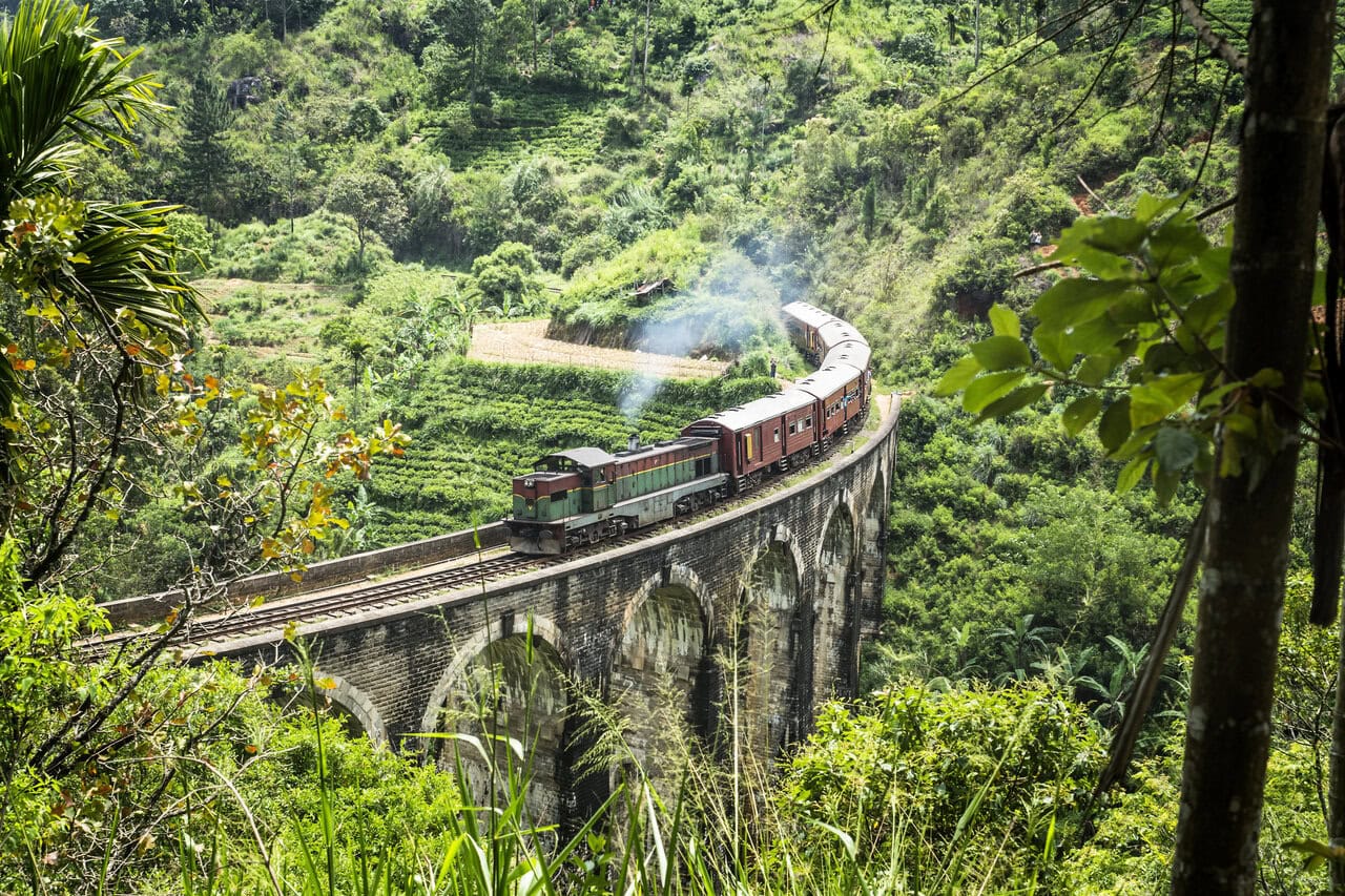 Coastal skyline and railway travel near Colombo Sri Lanka
