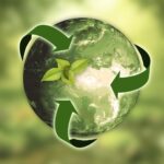 Sustainable travel concept showing Earth with green arrows and eco-friendly cycle