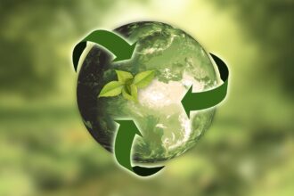 Sustainable travel concept showing Earth with green arrows and eco-friendly cycle