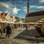 Tallinn Town Hall Square with cafés and historic buildings in Estonia