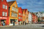 Historic colourful wooden buildings at Bryggen UNESCO site in Bergen