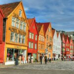 Historic colourful wooden buildings at Bryggen UNESCO site in Bergen