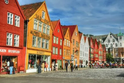 Historic colourful wooden buildings at Bryggen UNESCO site in Bergen