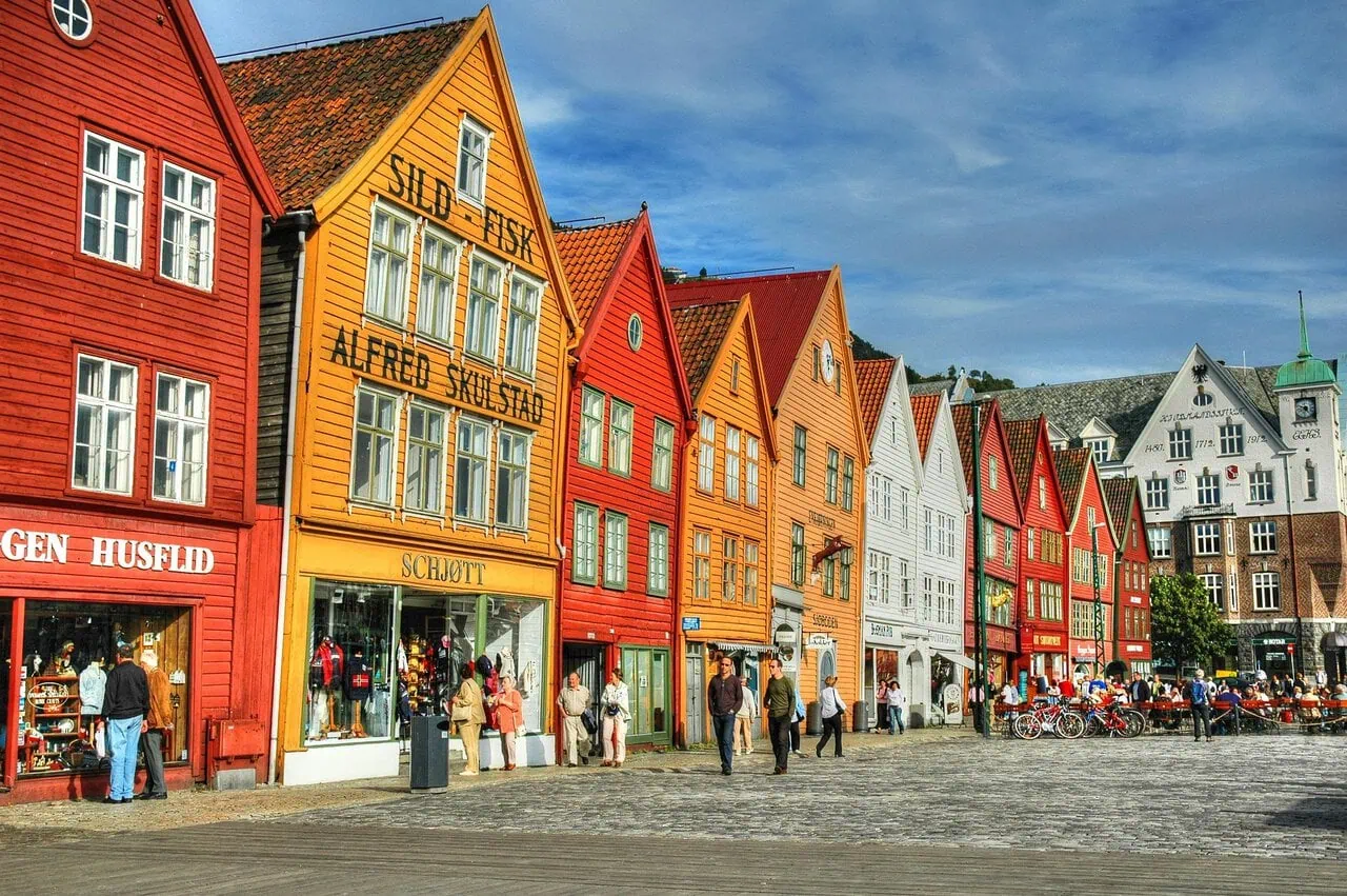 Historic colourful wooden buildings at Bryggen UNESCO site in Bergen
