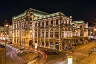 Vienna State Opera illuminated at night in central Vienna, Austria