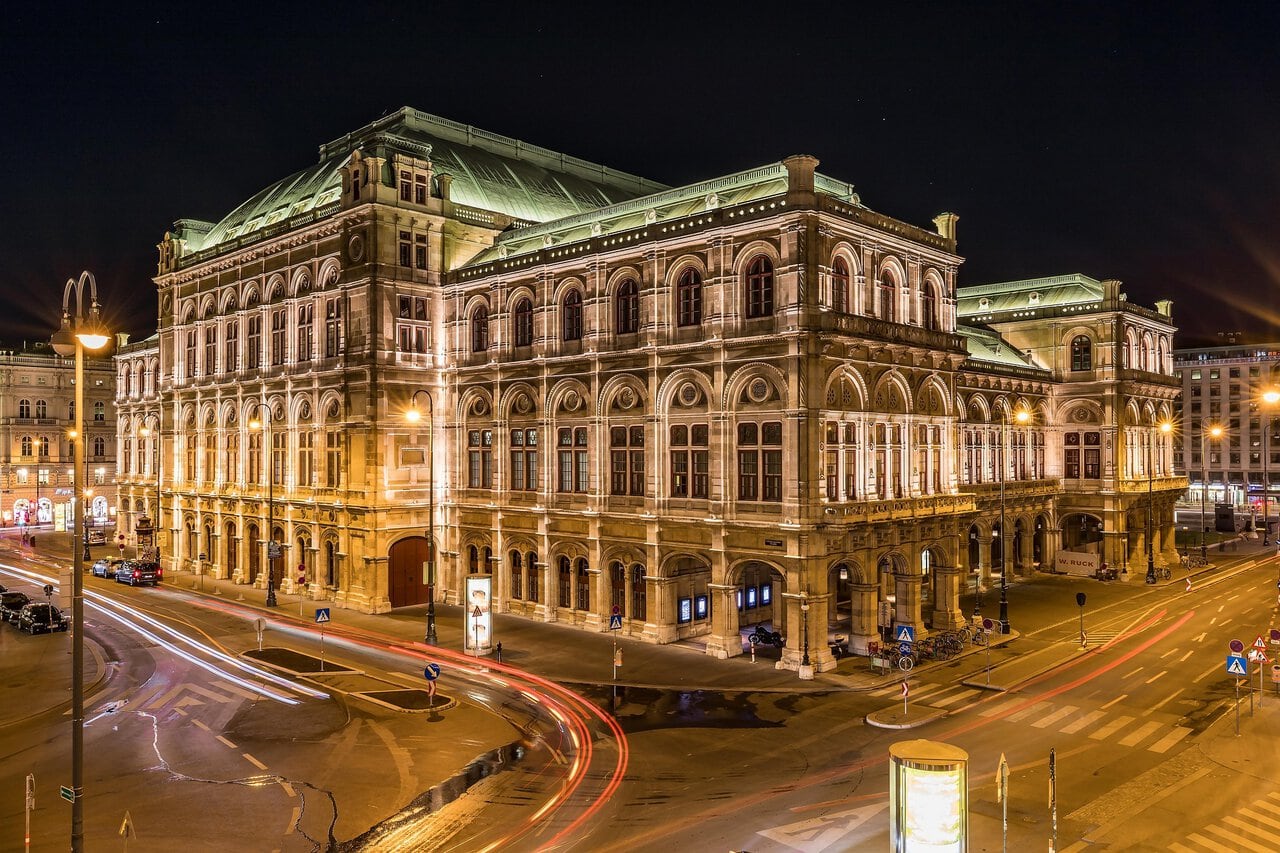 Vienna State Opera illuminated at night in central Vienna, Austria