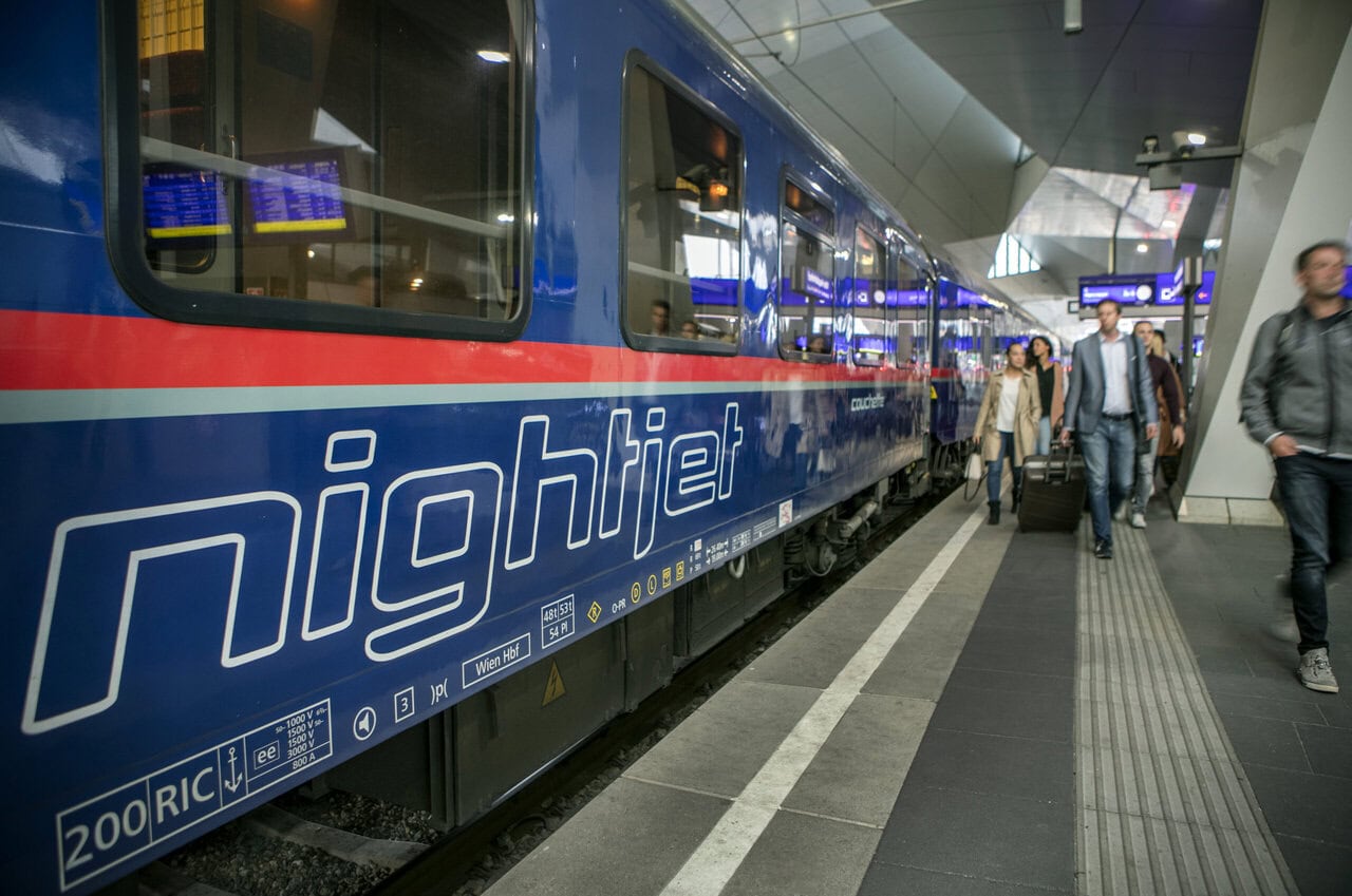 Nightjet overnight sleeper train at Vienna Hauptbahnhof platform with passengers boarding in Austria