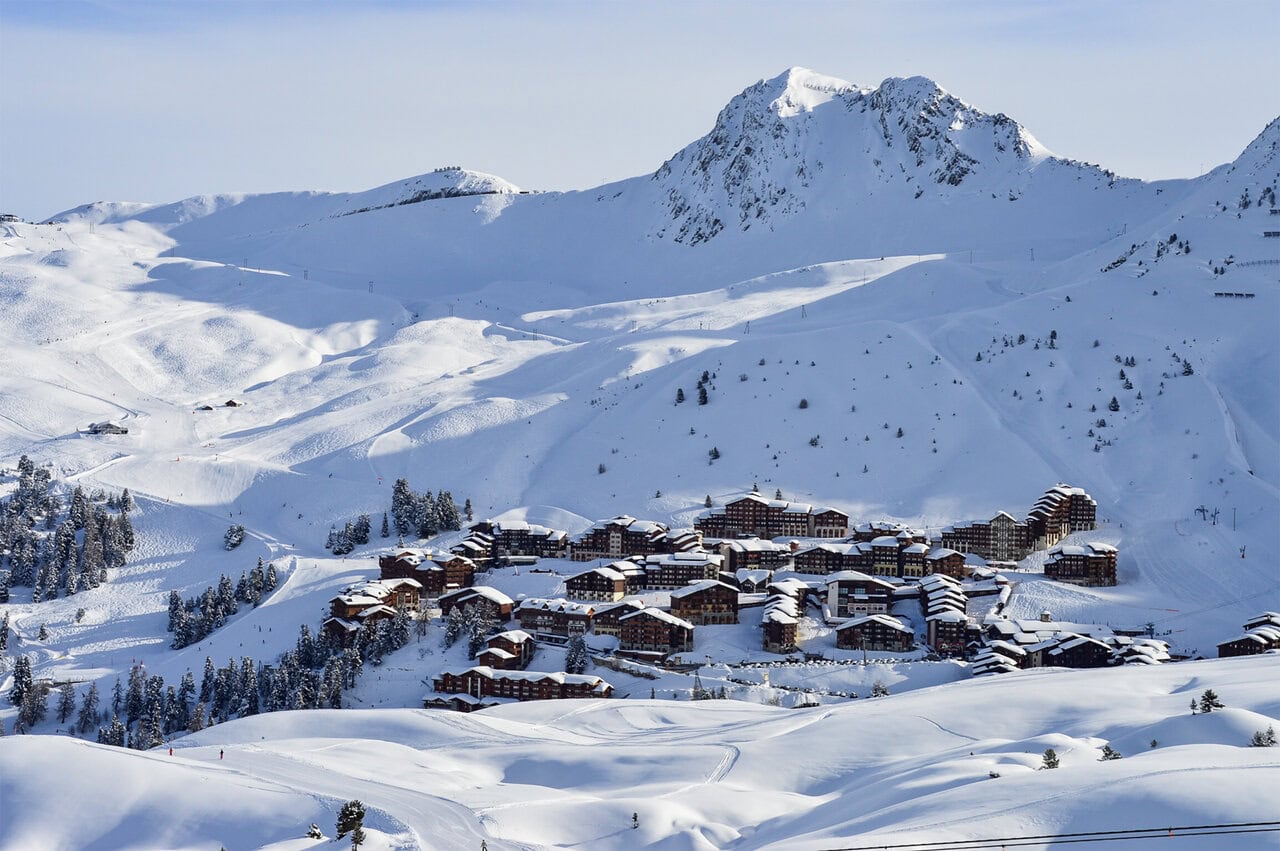 Snow-covered La Plagne ski villages near Aime-la-Plagne