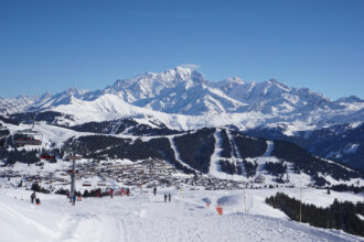 Snow-covered ski slopes near Albertville and the French Alps