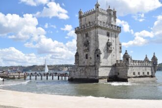 Belém Tower on the banks of the Tagus River in Lisbon, Portugal.