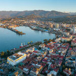 Aerial view of Batumi city centre, Black Sea coastline and mountains in Georgia