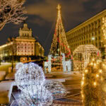 Christmas tree and festive decorations illuminated in Sofia city centre during the Christmas season