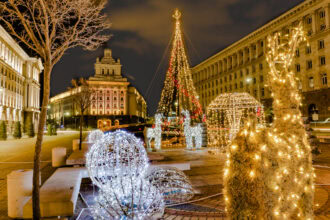 Christmas tree and festive decorations illuminated in Sofia city centre during the Christmas season