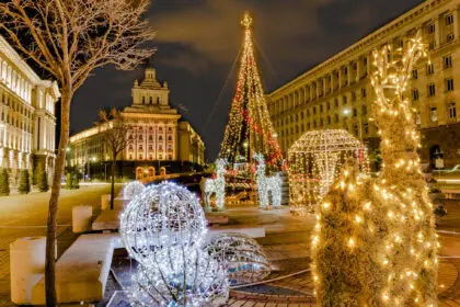 Christmas tree and festive decorations illuminated in Sofia city centre during the Christmas season