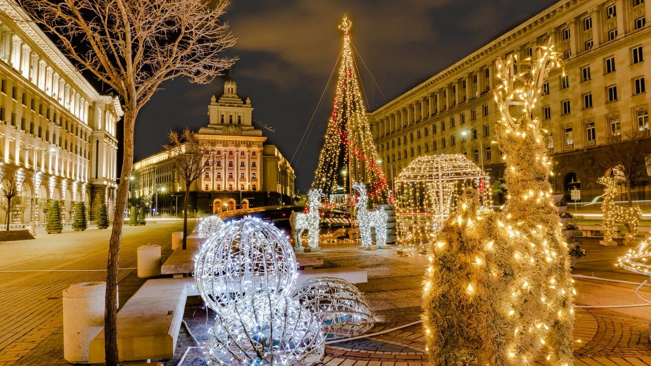 Christmas tree and festive decorations illuminated in Sofia city centre during the Christmas season