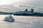 DFDS ferry docked in Stockholm archipelago waters during winter
