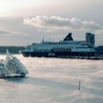 DFDS ferry docked in Stockholm archipelago waters during winter