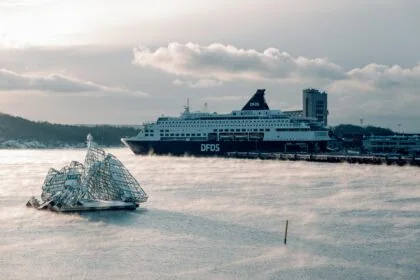 DFDS ferry docked in Stockholm archipelago waters during winter