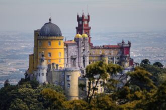 Pena Palace overlooking the hills of Sintra near Lisbon, Portugal