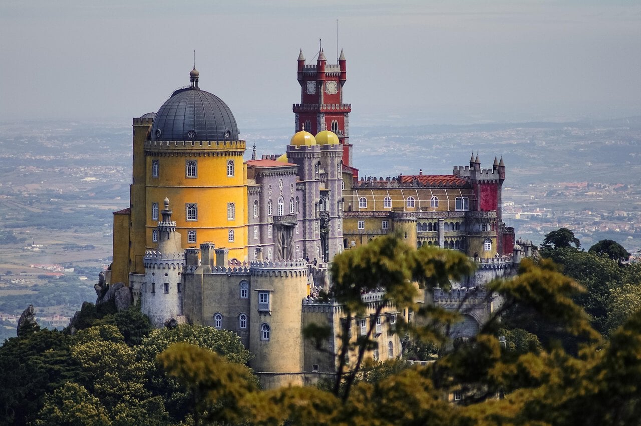 Pena Palace overlooking the hills of Sintra near Lisbon, Portugal