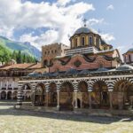 The UNESCO-listed Rila Monastery surrounded by the mountains of south-west Bulgaria.