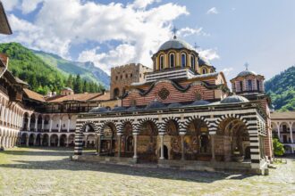 The UNESCO-listed Rila Monastery surrounded by the mountains of south-west Bulgaria.