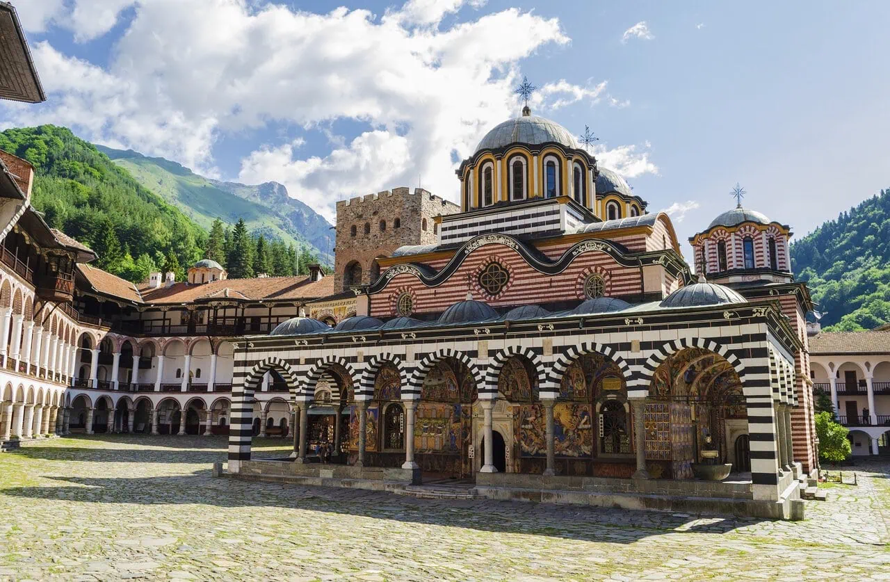 The UNESCO-listed Rila Monastery surrounded by the mountains of south-west Bulgaria.